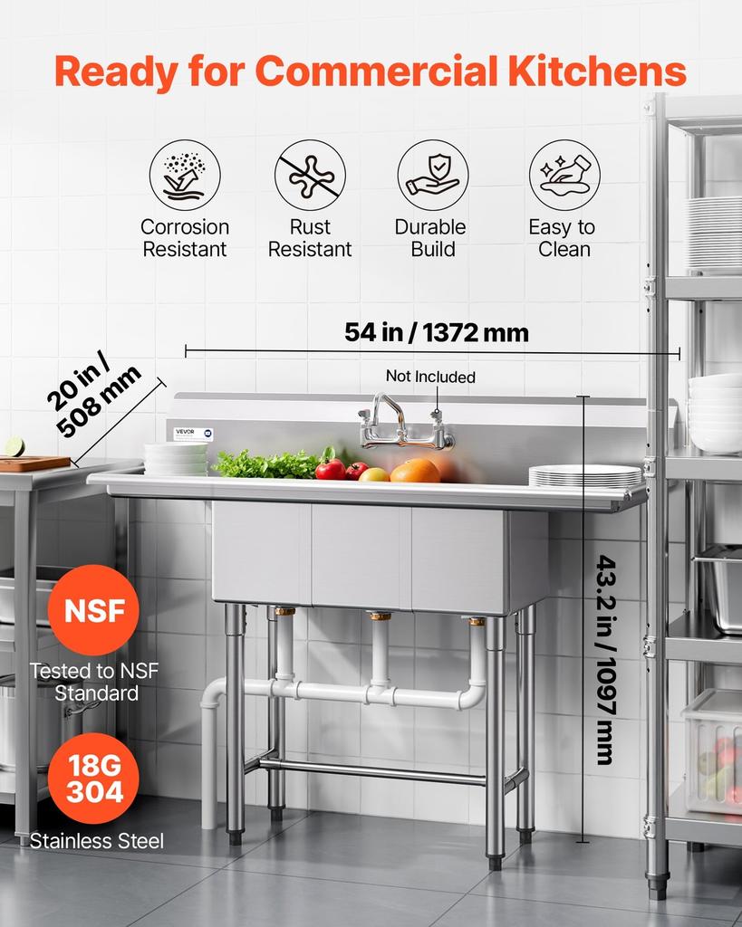 3 Compartment Sink, 18-Gauge 304 Stainless Steel, 254x356x254 mm Bowl Size, 3 Bay Commercial Kitchen Prep & Utility Sink with 2 Drainboards and