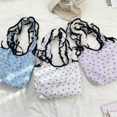 2 Taro Purple Bow Pleated Shoulder Strap Fairy One Shoulder Crossbody Tote Bag Women's Large Capacity Canvas Bag