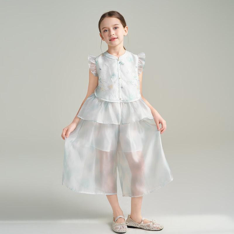 Montagut Girls' Ink Wash Floral Embroidery Sleeveless Two-Piece Set