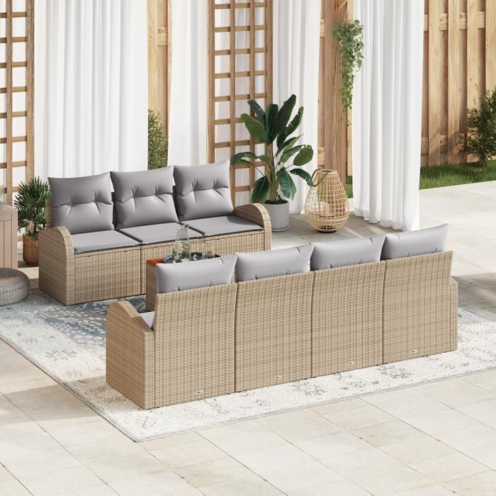 Ensemble de Canapés de Jardin 8 Pièces avec Coussins Beige Osier Acacia, Canapé de Jardin 2 Places avec Rangement et 3356208