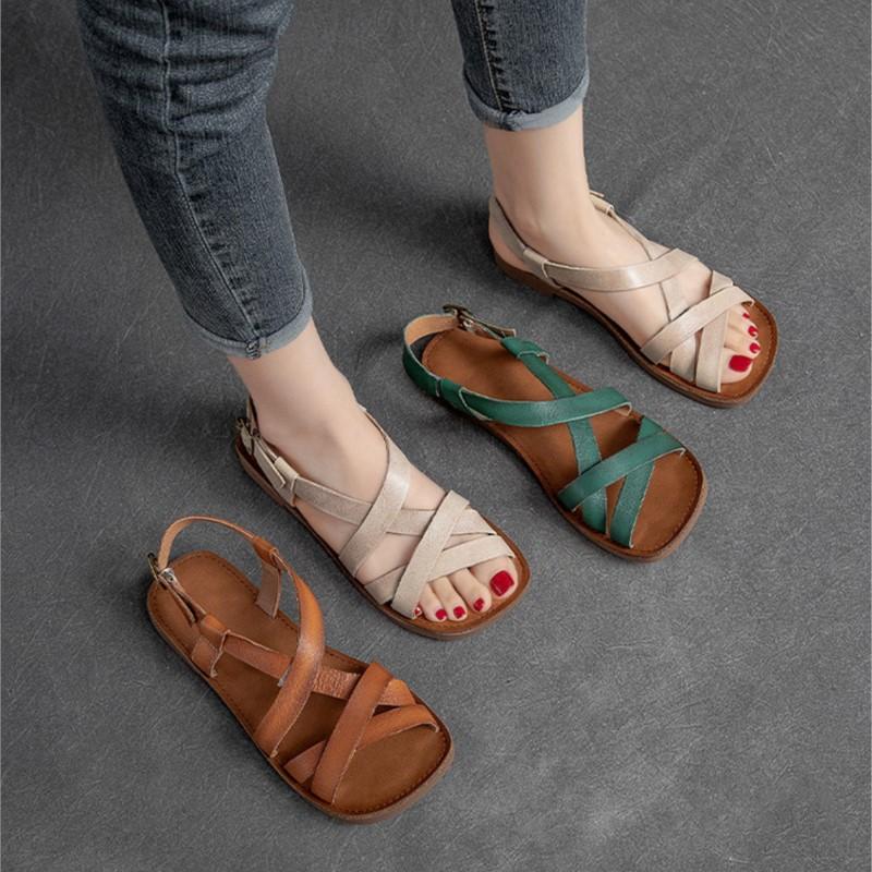 Johnature Simple Genuine Leather Flat Sandals Casual Solid Color Soft Sole Comfortable Versatile Women Shoes