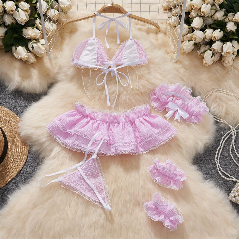 Bow Splicing Lace Edge Y2K Grid Lace-up Neck-mounted Top Sets Women Clothes Block Color Sexy Hot Sweet Mini Skirt Suits Lingerie