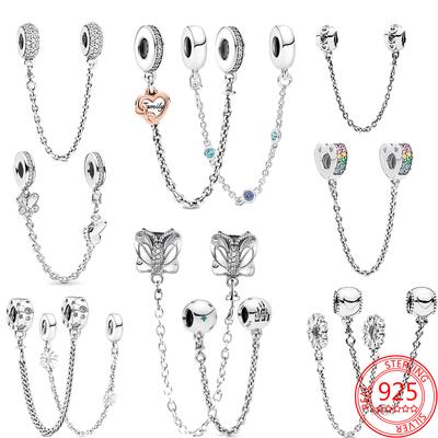 Trendy S925 Srebrny błyszczący Pavé cyrkon Potrójny niebieski kamień Motyl Łańcuch bezpieczeństwa Charm Fit Fashion Bransoletka DIY Biżuteria Prezent