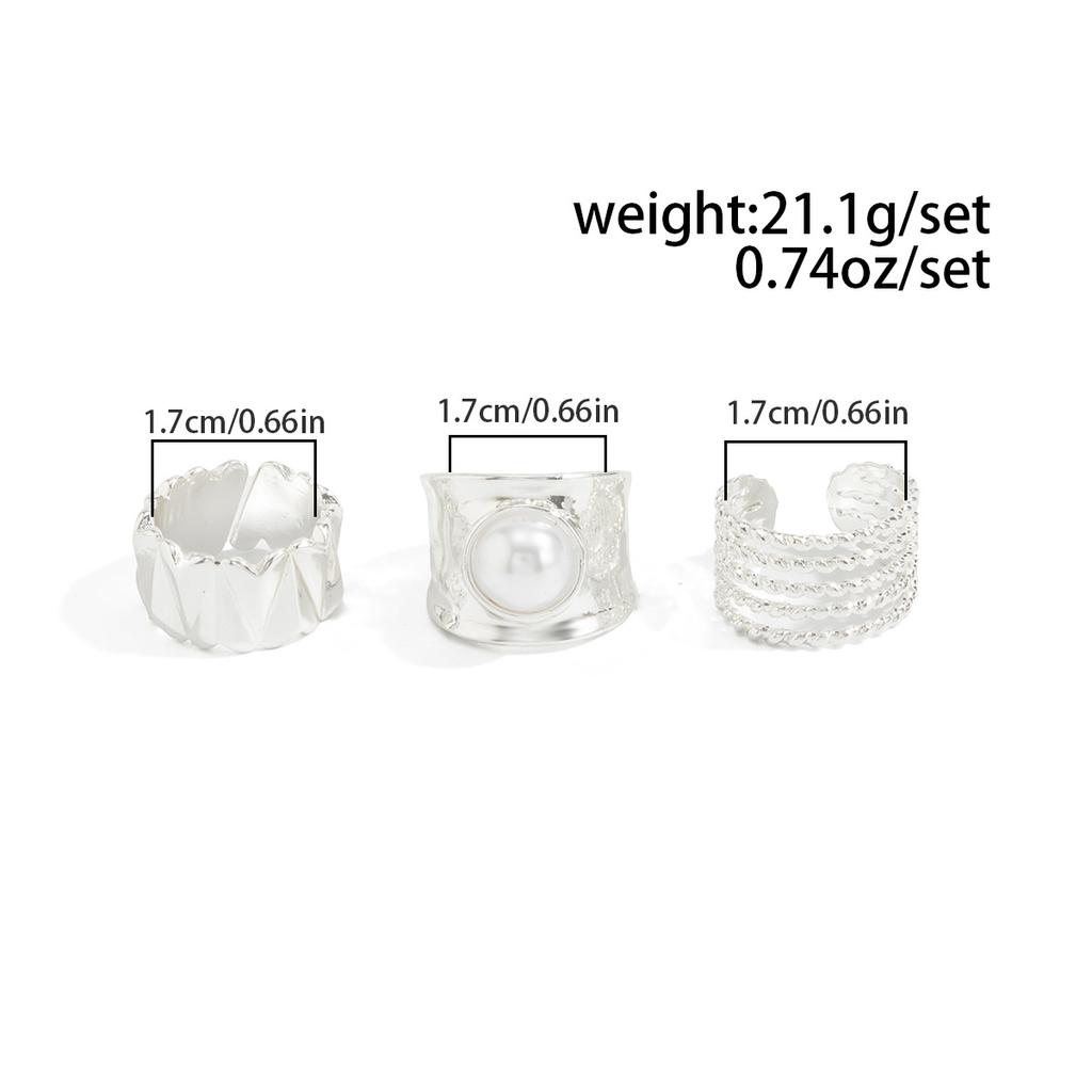 Niche Design Pearl Hollow Heart Rings Set Ins Metal Sliver Color Tapping Pleated Irregular Heart Ring Fashion Jewelry