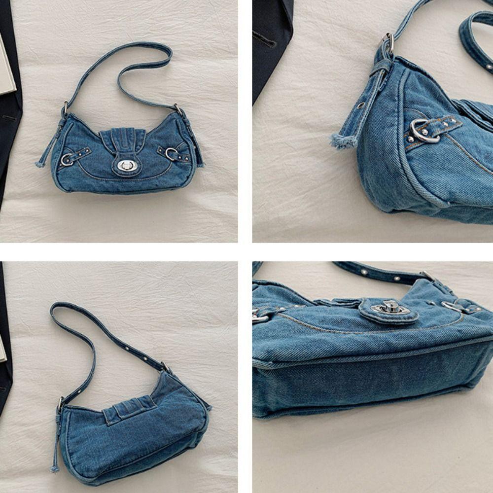 Spicy Girl Retro Denim Shoulder Bag Y2K Cloth Armpit Bag Simple Denim Handbag Streetwear