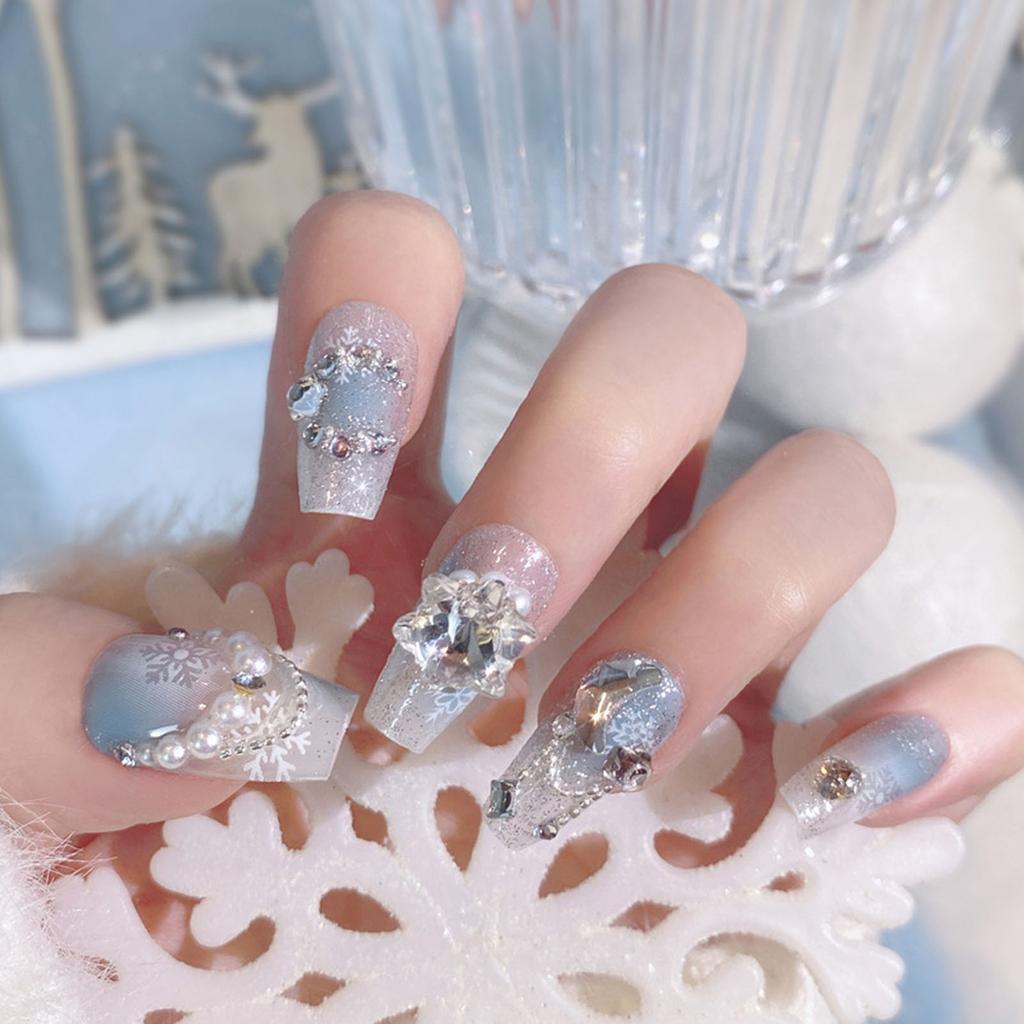 Christmas Blue Smudging Fake Nails Easy to Apply Simple to Peel off Nails for Stage Performance Wear