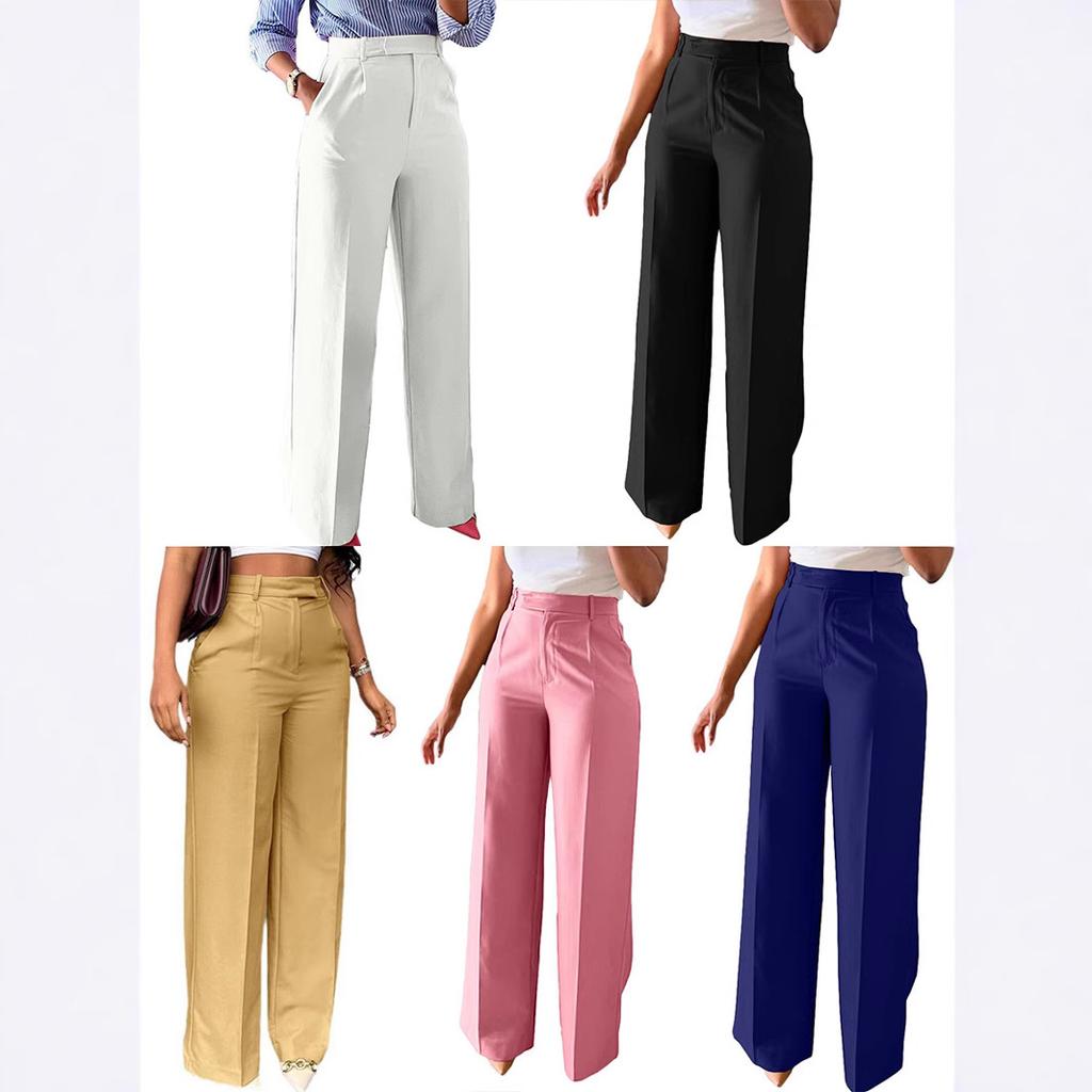 Women's High Waist Draped Wide Leg Dress Pants Solid Micro Stretch Office Straight Long Trousers With Pockets Spring Fall Business Casual Bottoms