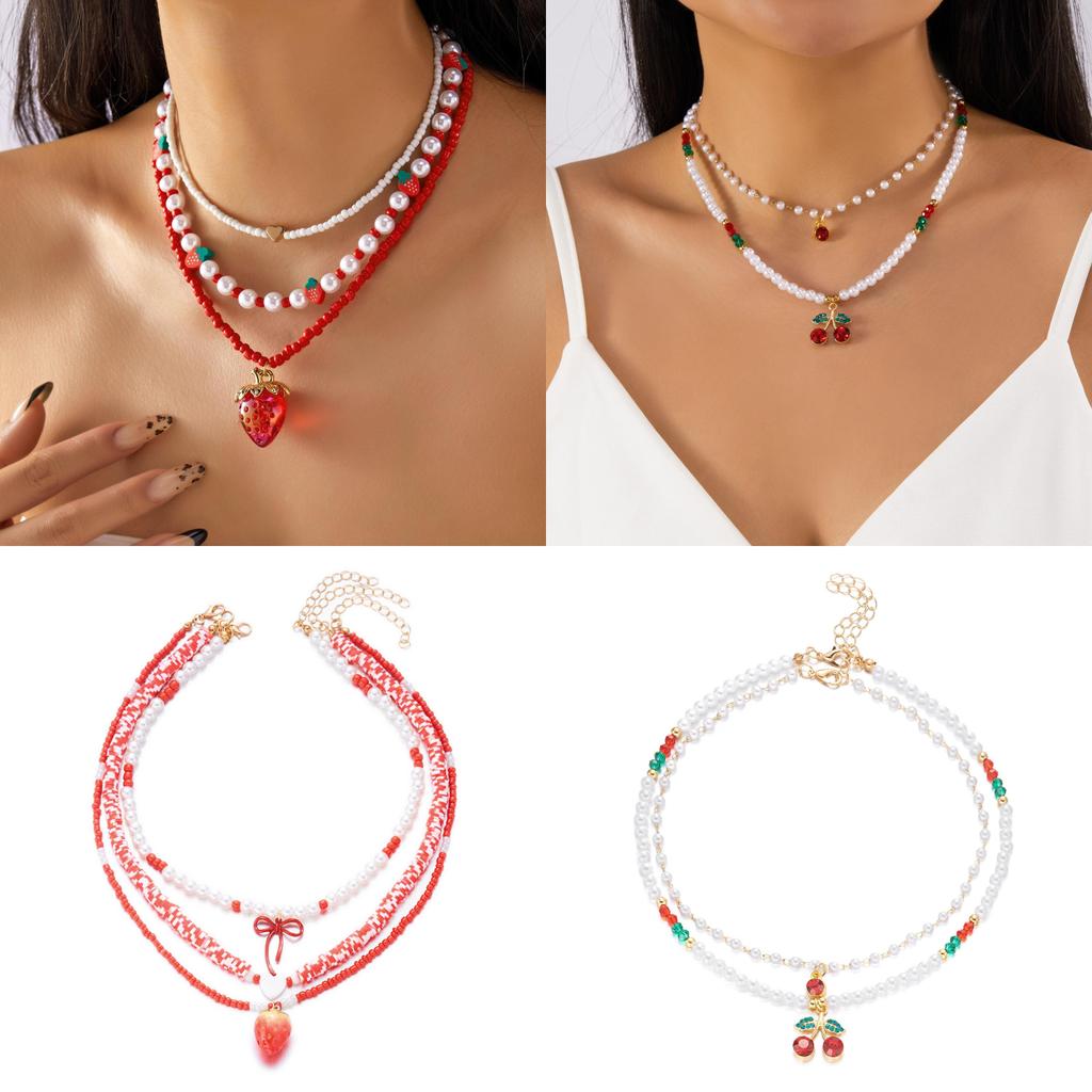 Romantic Heart Pearl Choker Necklace With Cherry And Strawberry Charms For Girls