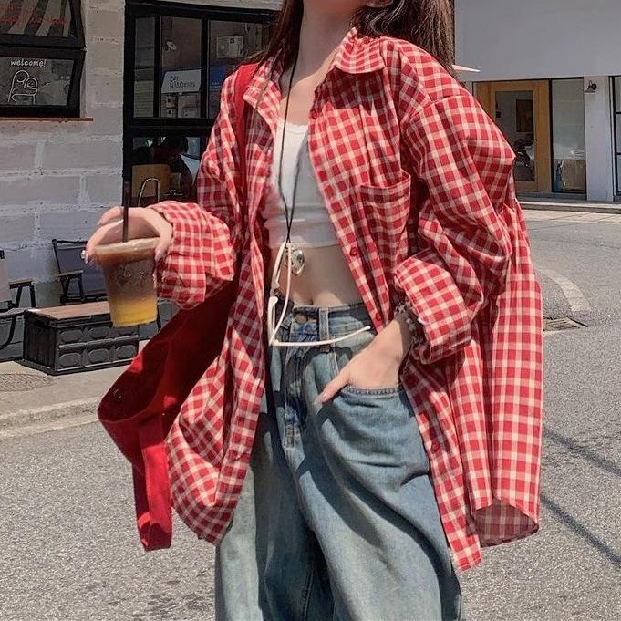 

Женская рубашка-поло с длинным рукавом в клетку красного цвета в стиле ретро - Нишевый дизайн для ранней весны, свободный узкий кардиган Medium