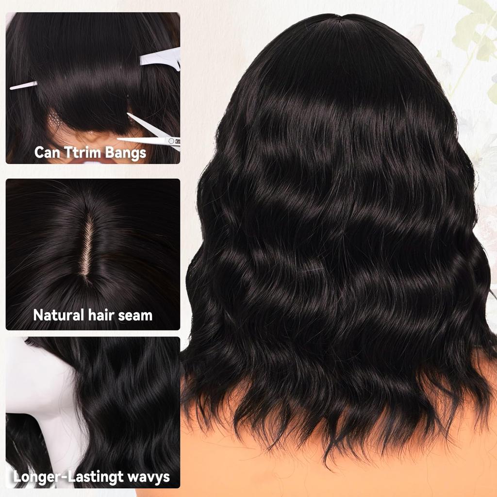 Short Wave Bob Wigs for Women with Bangs Medium Lenth Synthetic Natural Hair Wig for Daily Party Use