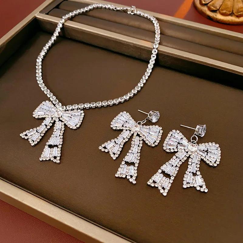 Zircon-in Bow Zinc Alloy Needle Earring Necklace Light Luxury Fashion European American Collarbone Chain Versatile High-end Suit