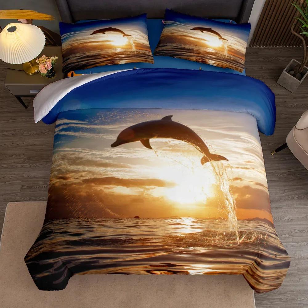 Sunset Play Dolphins 3D Bedding Set Without Sheet Single Twin Double Queen King Cal King Size Bed Linen Set