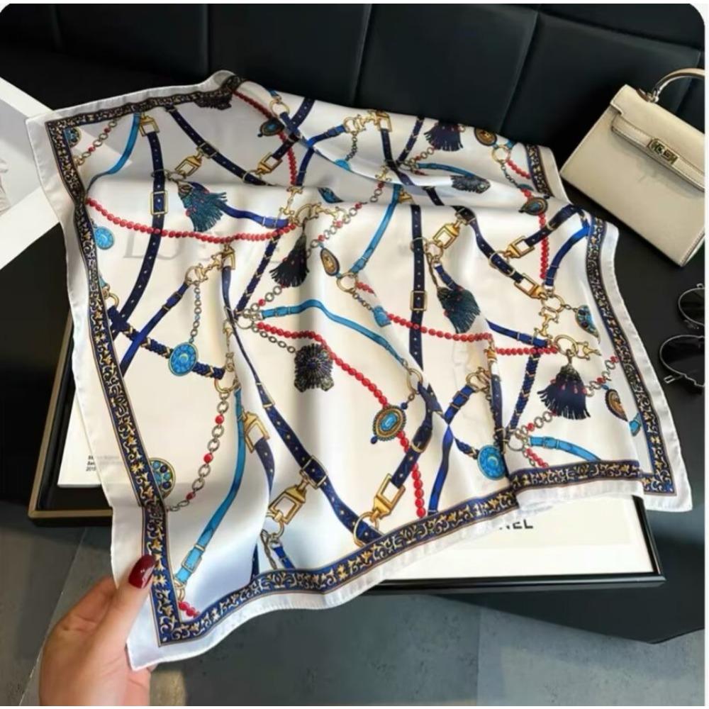 

68cm Gem Chain Tassel Scarf Women s Imitation Silk Kerchief Fashionable and Versatile Retro Clothes Bag Accessories Scarf білий