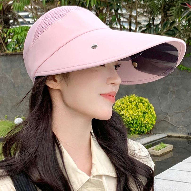 Summer Women Sun Hat with Eyeglasses 13cm Large Brim Bucket Hat Breathable Outdoor Activity Empty Top Cap Magic Tape Adjust Travel Beach Cap