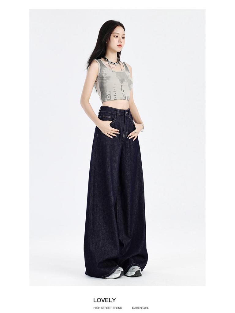 Women's Dark Blue Wide-Leg Jeans - 2025 Spring Petite Straight-Fit, Floor-Length Pants