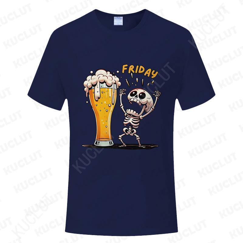 Fashion Men's T Shirt Skeleton Enjoying FRIDAY Beer Day Tees Funny Finally Friday for Drink Lover Male Clothes Short Sleeve Tops