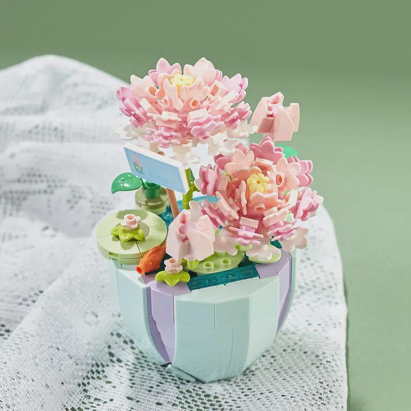 Building Block Bouquet 3D Model Home Decoration Plant Potted Chrysanthemum Rose Flower Assembly Brick Toy