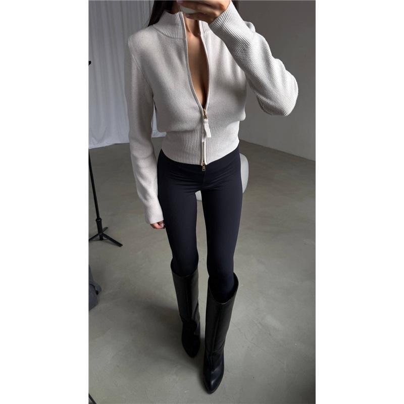 Women Half High Collar Zipper Knit Cardigan Slim Fit Long Sleeve Solid Color Cropped Top
