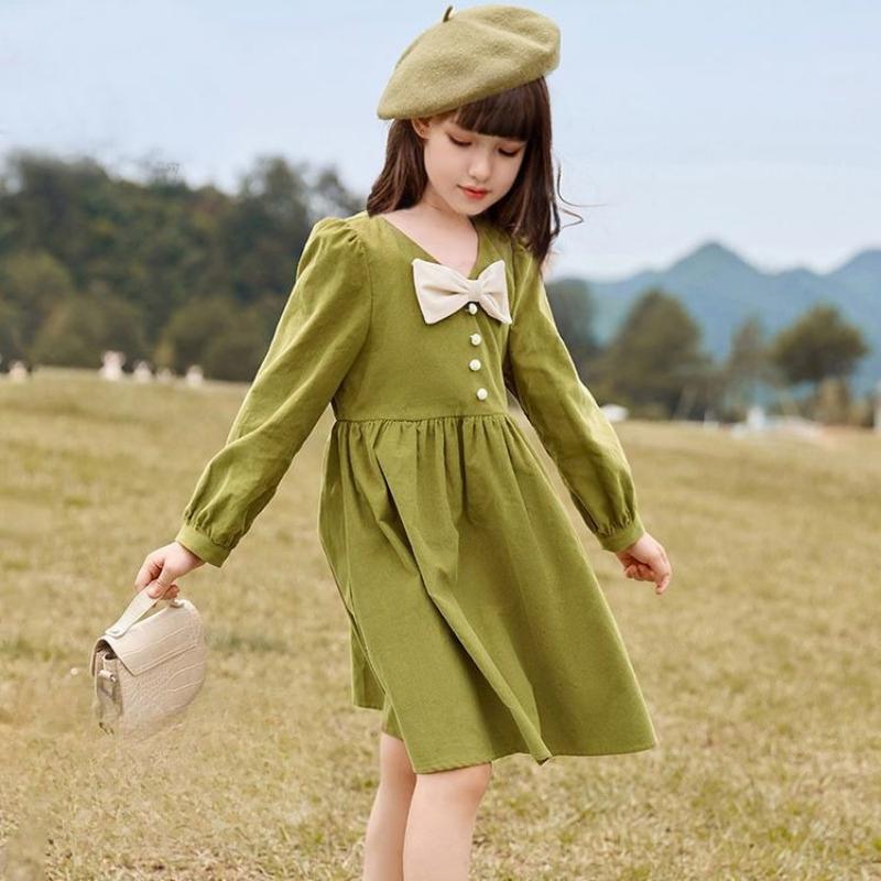 Słodna sztruksowa sukienka z długim rękawem dla dziewczynek, Modna sukienka księżniczki dla dzieci na wiosnę i jesień