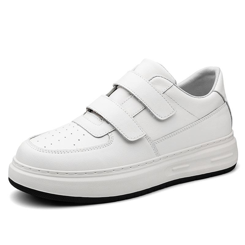 Men s White Leather Velcro Sneakers, Thick Sole, Round Toe, 8CM Height Boost, Small Sizes. 38