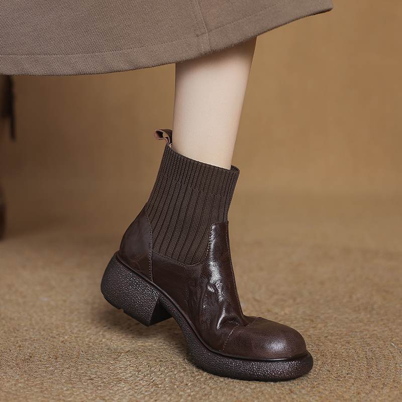 Krazing Pot Sheepskin Pleated Decoration Autumn Winter Shoes Chunky Heels Size 43 Size 42 Round Toe Slip on Retro Knit Wear Ankle Boots