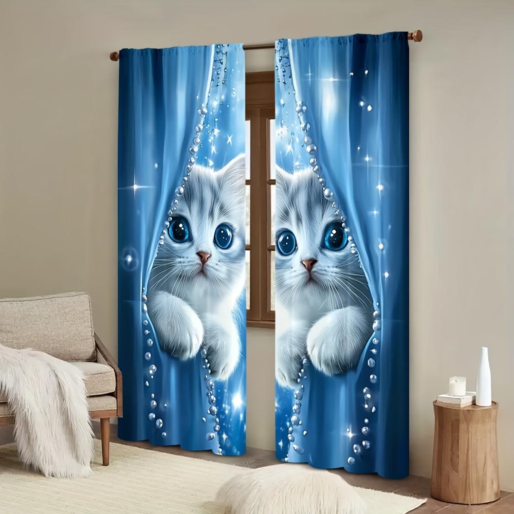 Cute Cat Print Curtains Bedroom Living Room Study Home Decor Curtain Light Filtering For Sitting Made Of Polyester With Rod Pocket