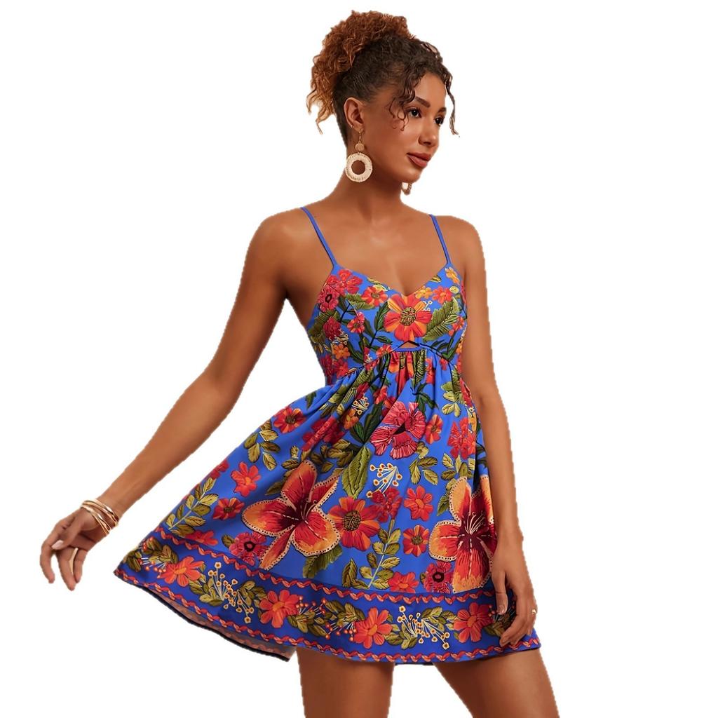 European and American women's clothing spring and summer new sleeveless high-waisted printed pendulum suspender dress