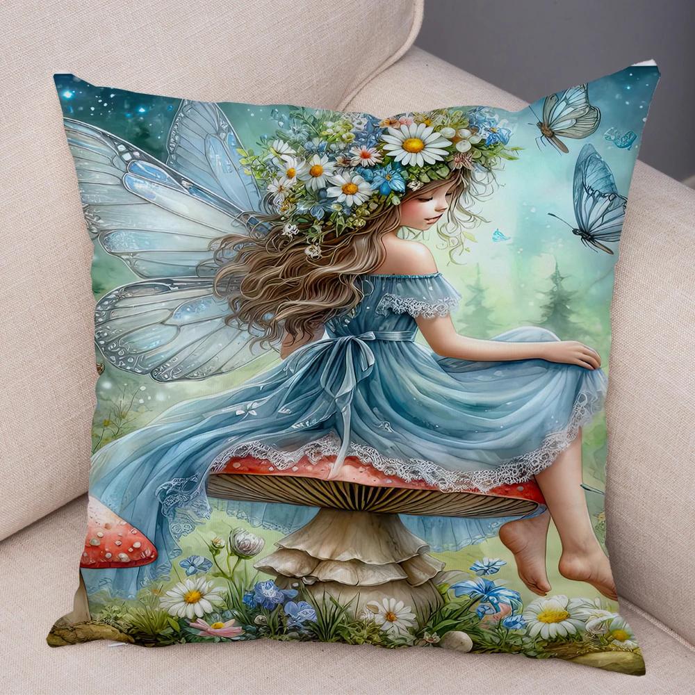 Niedlicher Cartoon Waldmädchen Elfen Kissenbezug Doppelseitig bedruckter Kissenbezug Deko für Sofa Zuhause Superweicher Plüsch Kissenbezug 40x40cm