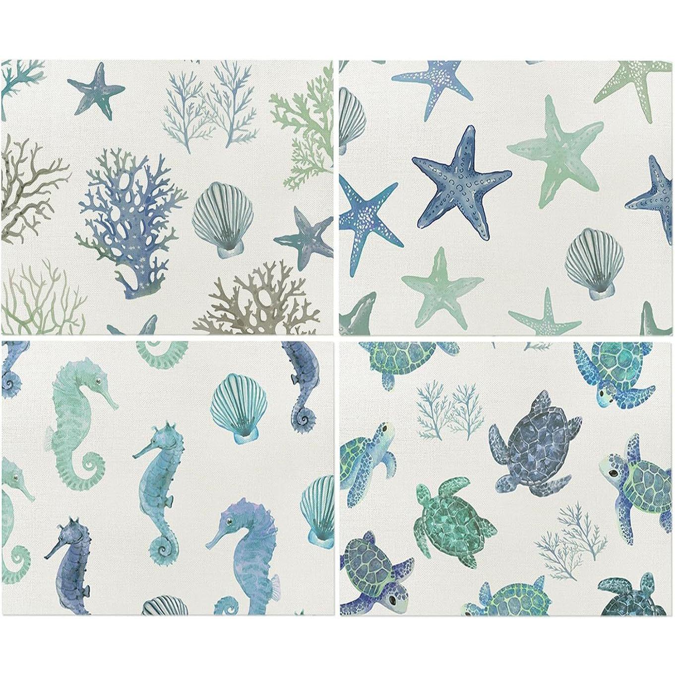 

4/6/8Pcs Starfish Shell Pattern Placemats Linen Mats Heat Insulation Stain-Resistant Placemats for Home Dining Table Decoration 4Pcs-30X45cm(12X18in