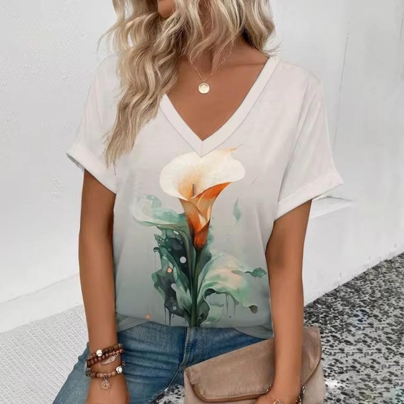 

Женская футболка с V-образным вырезом, ретро-элегантный цветочный узор, модная футболка с принтом, летняя футболка для отдыха, популярная женская футболка с короткими рукавами 5XL