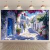 Greek Island Village Backdrop White Blue Building Blooming Flowers Background for Photoshoot