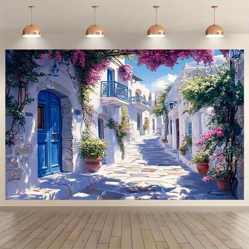 Greek Island Village Backdrop White Blue Building Blooming Flowers Background for Photoshoot