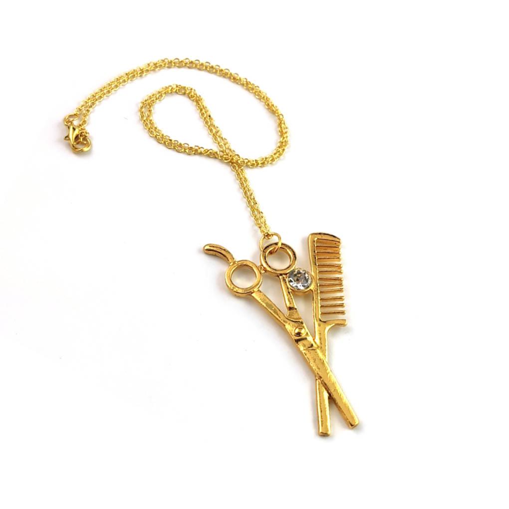 Gold Vintage Stainless Steel Barber Necklace Exquisite Scissors Comb Pendant Professional Symbol