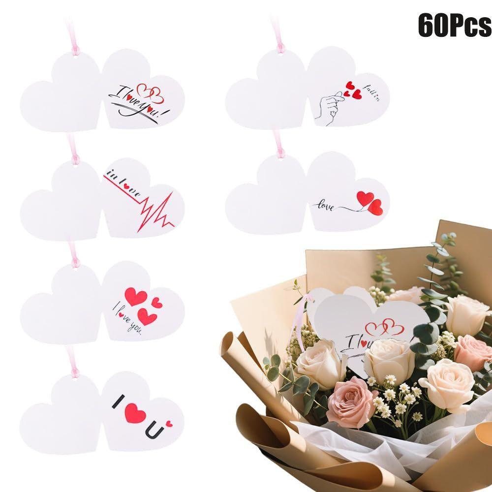 60Pcs White Heart Valentines Day Gifts Tags Gold Lanyard Handwritten Style Valentines Hanging Decorations Small Cards