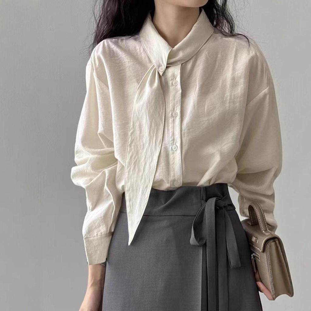 Korean-Style Scarf Collar Women's Long Sleeve Shirt - Spring/Autumn Loose-Fit French Top
