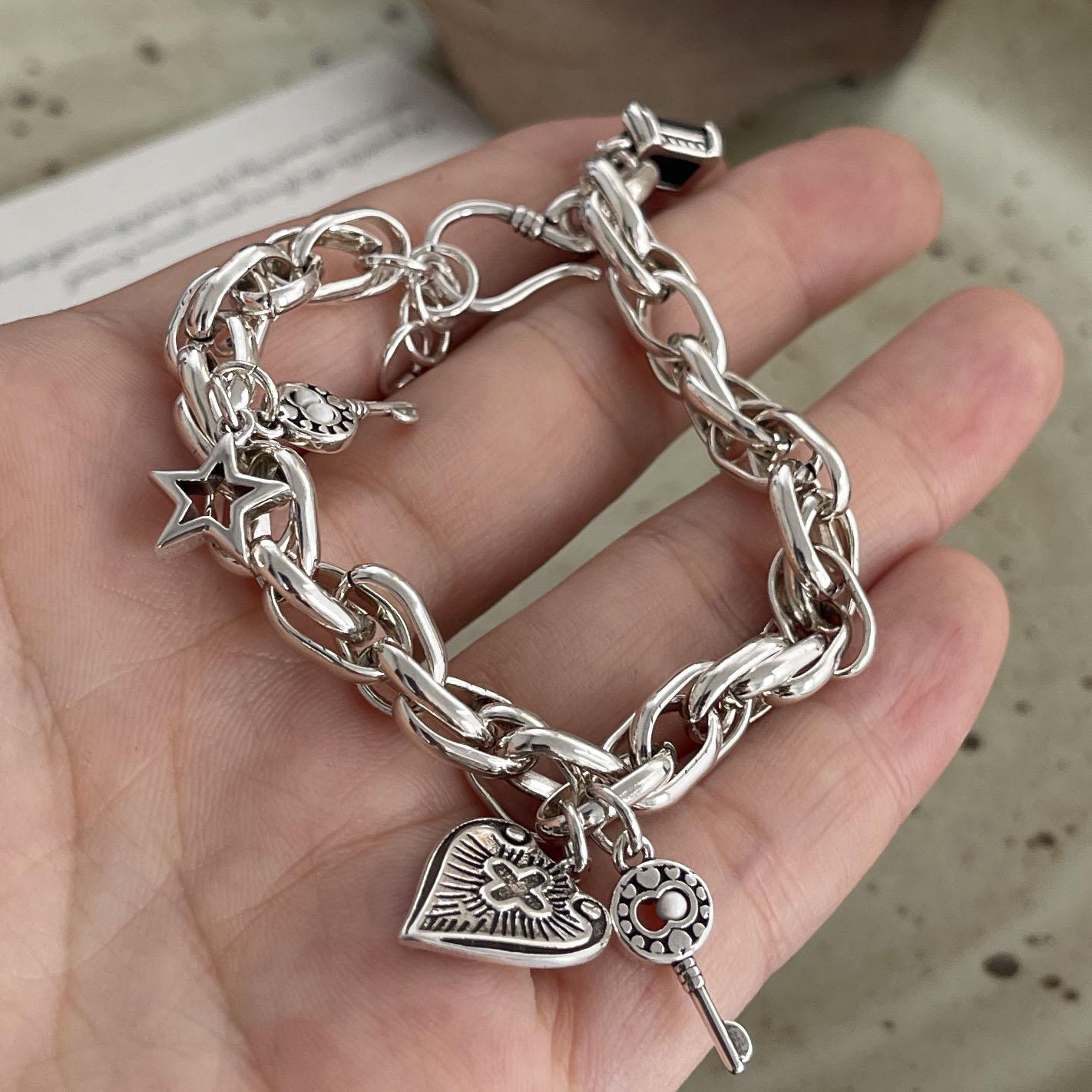 

100% Solid 925 Sterling Silver Retro Bracelet for Women Men Vintage Handmade Vintage Heart Cross Patern Bracelet Birthday Gift