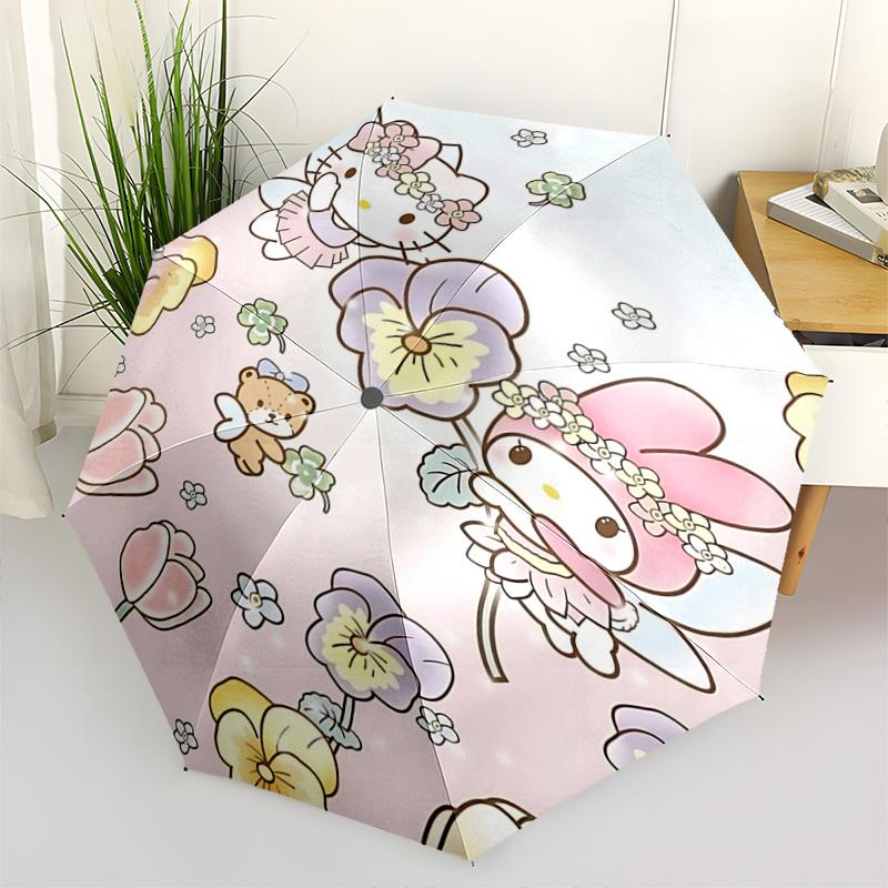 

1pc Hello Kitty & My Melody Floral Fantasy Automatic Opening/Closing Umbrella - Portable Three-Fold Design with 8-Bone Iron Frame, Outdoor, Gift for F