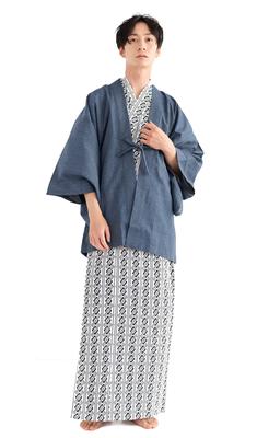 Ryokan Yukata Set 4-teiliges Set Gasthaus [KYOETSU] (Haori, Yukata, Obi, Co-Spitze) Herren (Yukata-125, Haori-Blau)