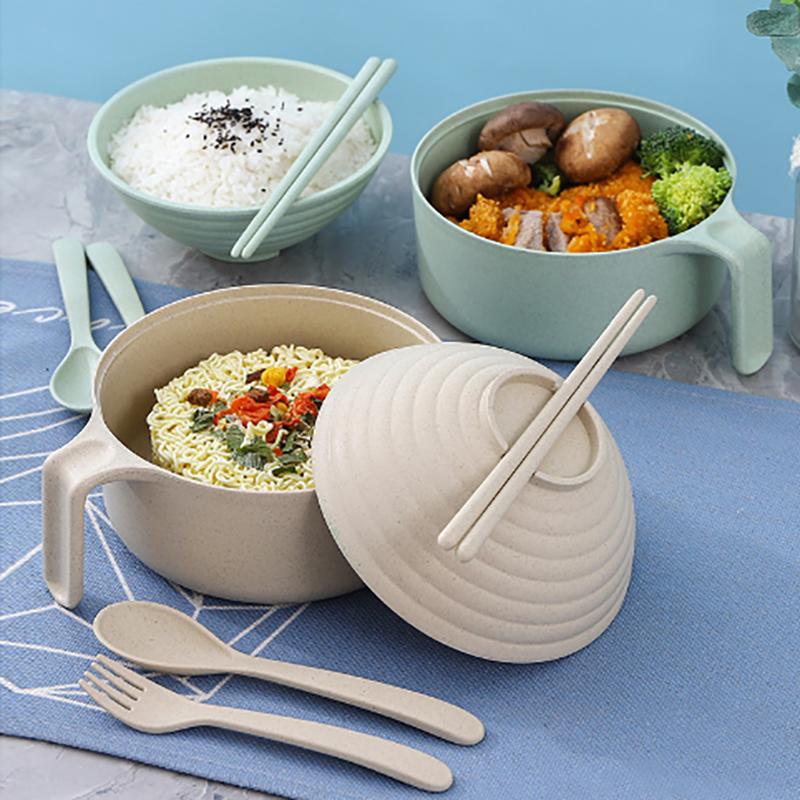 5Pcs Wheat Straw Multifunctional With Lid Bowl Spoon Fork Chopsticks Eating Dinnerware Set Anti- Bowl Microwavable Bowl