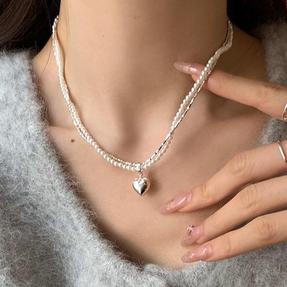 Cold wind love artificial broken silver pearl necklace light luxury personality collarbone chain girl heart sweet necklace