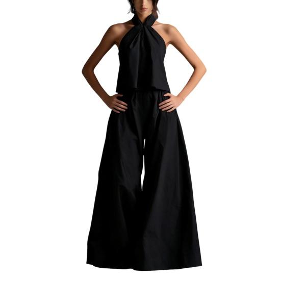 

Women s Summer 2 Piece Outfits Backless Halter Sleeveless Top And Wide Leg Pants Sets Casual Vacation Matching Lounge Set S чёрный