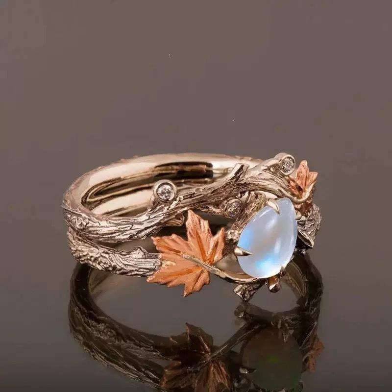 Retro Fashion Maple Leaf Water Drop Opal Stone Rings for Women Charm Luxury Finder Aesthetic jewelry Wedding Anniversary Gift