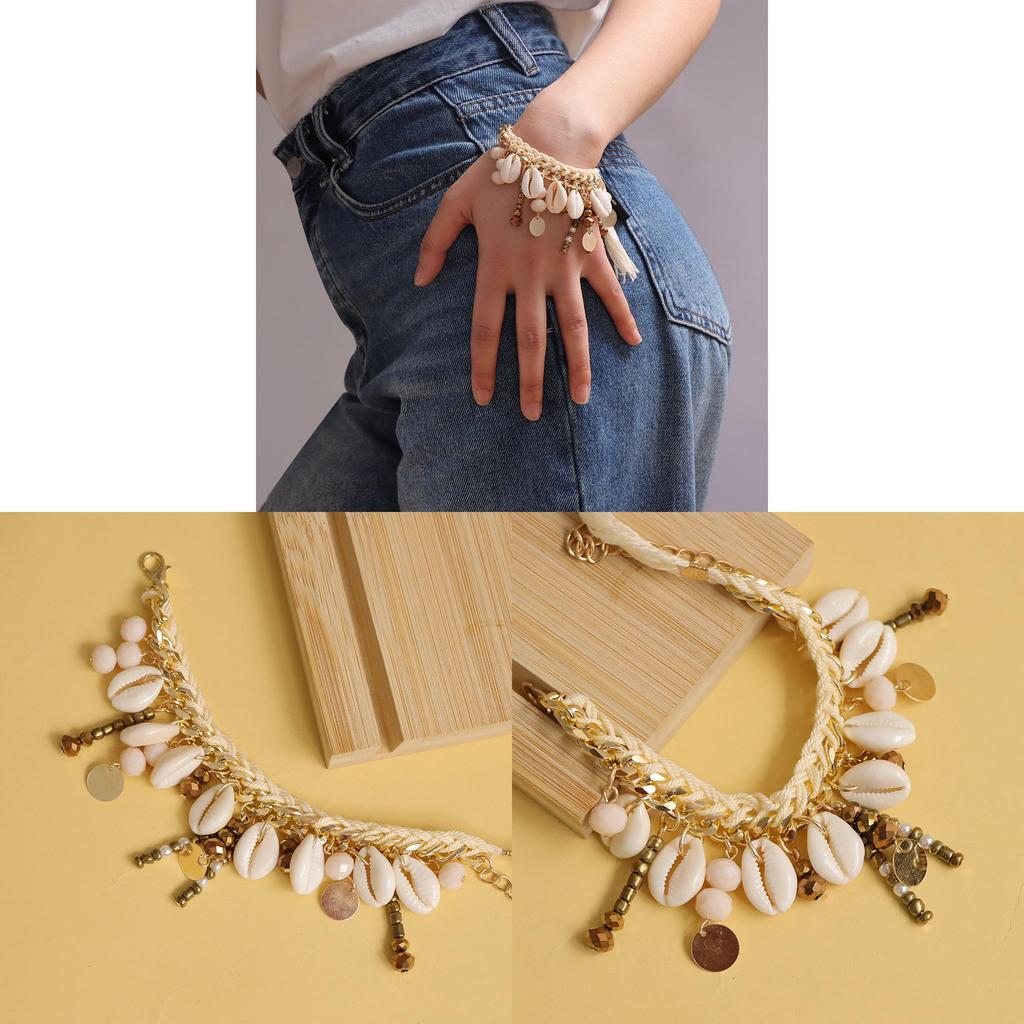 Boho-Stil Handgewebtes Muschelperlenarmband mit hängenden Quasten für Damen Reise Geschenk