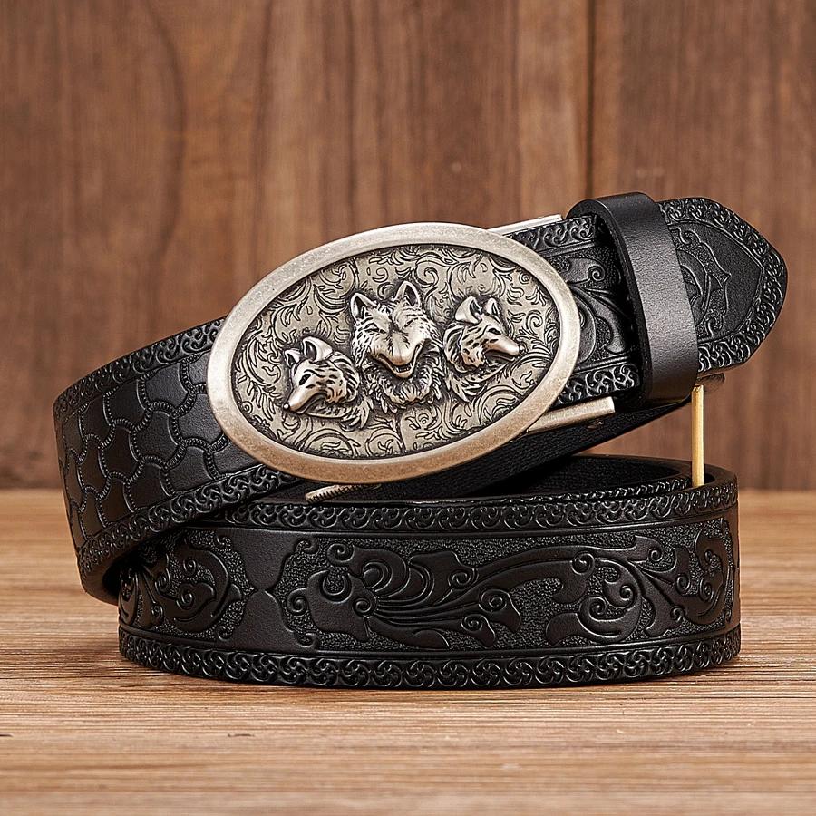 

Wolf Designer Belt for Men Retro Automatic Buckle Arts and Crafts Belt Men Genuine Cow Leather Waist Band Honorable Strap 130cm