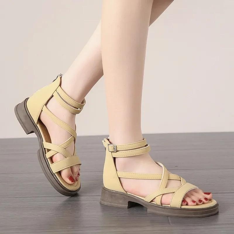 2025 Sandals Black Shoes for Women Summer Heels All-Match New Beige Comfort Beach Low Fashion Girls Flat Gladiator Clear Lace