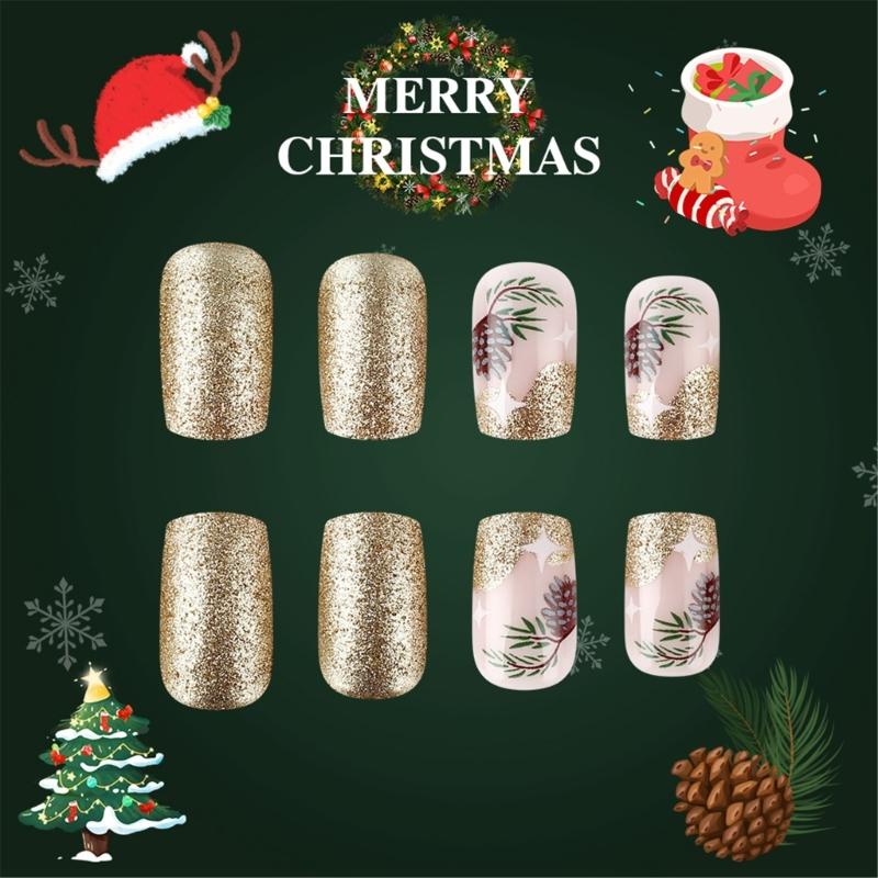 Glittering Artificial Nail Leaves False Nail Christmas Tree Full Cover Stick On Nail Short Square Press On Nail