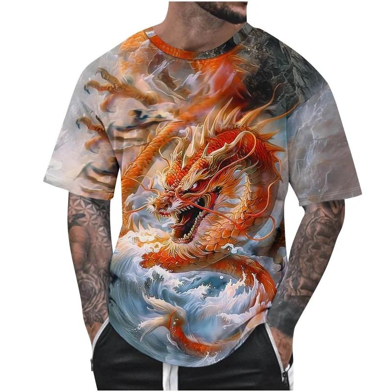 Best-selling Multi-color Retro Dragon Pattern Men's T-shirt, 3D Printed Trendy Casual Short-sleeved Round Top, Loose T-shirt
