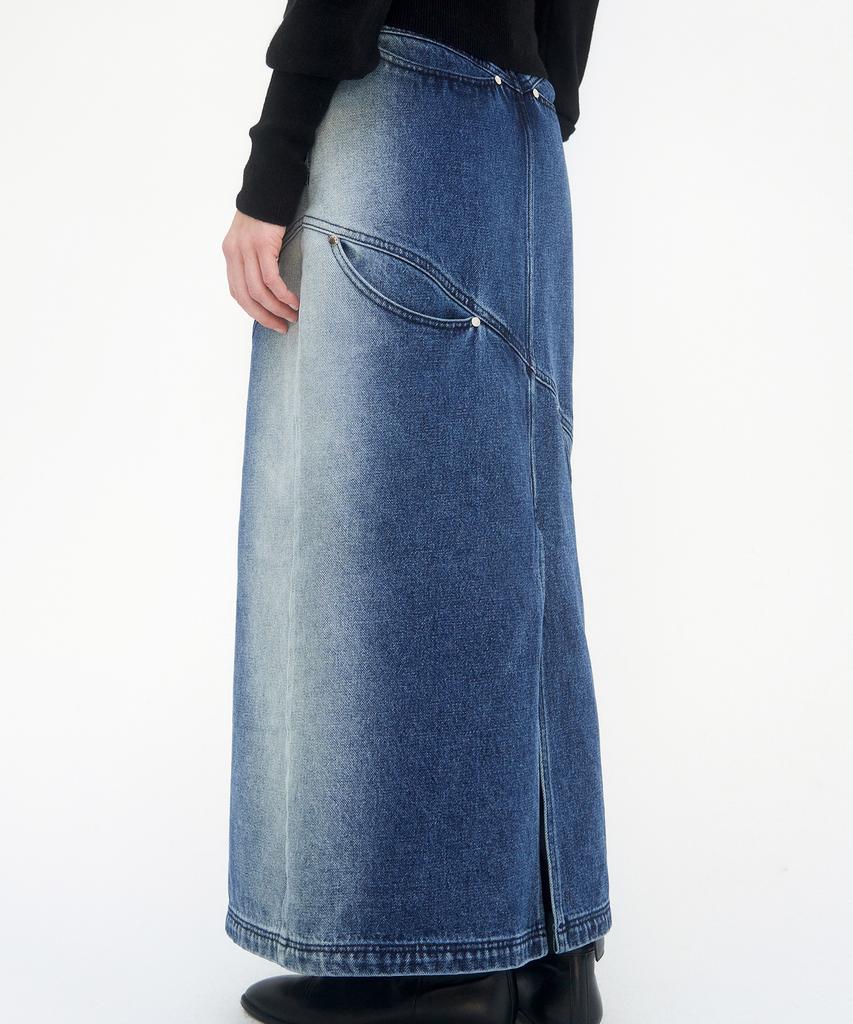 Teulimingbeodeu Curved Pocket Cut Denim Skirt [ Blue ]