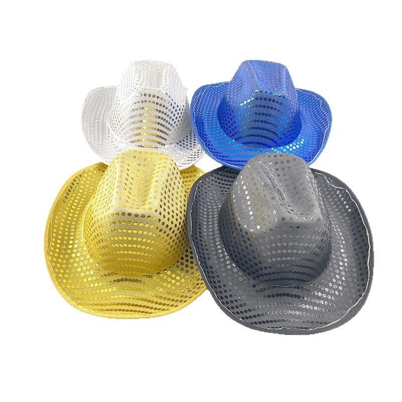 Four Color Led Light Up Western Cowboy Hat With Sequin Pattern For Party Cosplay Stage Performance