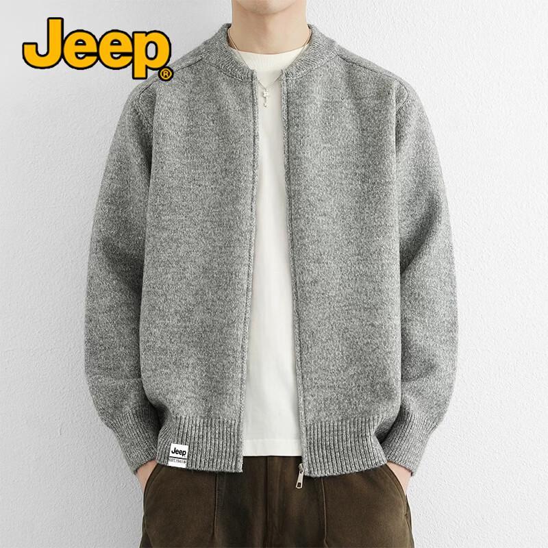 JEEP Men's American-Style Knit Zip-Up Baseball Collar Cardigan Jacket
